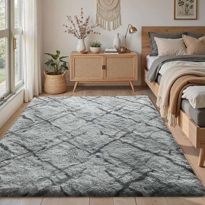 4x6 Area Rugs for Bedroom, Grey Plush Fluffy Shaggy Living Room Rugs Non-Slip, Ultra Soft Carpet for Nursery Kids PlayRoom Dorm Office Indoor