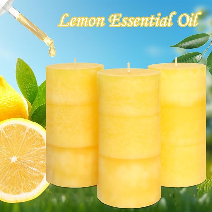 3 x 6 Inches Pillar Candles Lemon Scented Yellow Decorative Rustic Candles Citrus Scent Clean Burning Hand-Poured Large Candles Decorative for Home Aesthetic Relax Spa Bathroom
