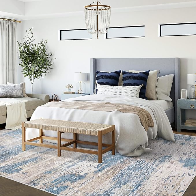 XLUEZ 6x9 Area Rugs for Living Room, Washable Modern Abstract Large Area Rug Neutral Soft Non Slip Kids Rug Stain Resistant Indoor Carpet for Bedroom Nursery Dining Room Playroom(BlueBeige, 6'x9')