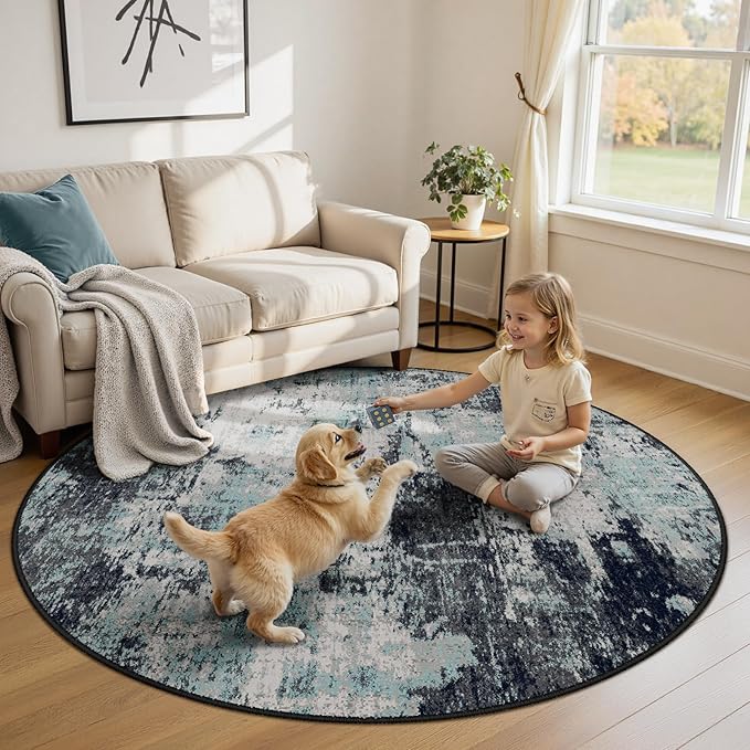RELEANY Washable Area Rugs 6ft Non-Slip Modern Abstract Soft for Living Room Entryway Bedroom Nursery, Print Pattern, Blue Black Teal