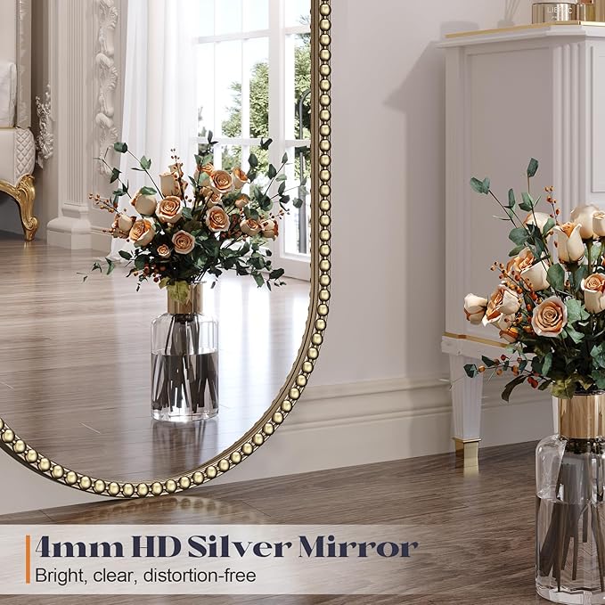 Champagne Bronze Bathroom Mirror with Beaded, 16"x48" Oval Full Length Mirror for Wall Decorated, Gold Vintage Bead Mirrors with Brass Frame for Bedroom,Living Room,Hallway,Fireplace