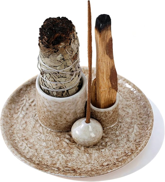 5 in 1 Incense Holder Burner, 5.9" Ceramic Holder for Burning Palo Santo Sage Candle and Incense Sticks Cones, Ash Catcher Tray for Meditation Room Home Décor (Bronze)