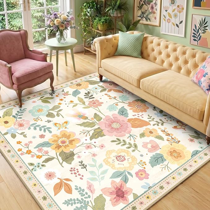 RELEANY Floral Nursery Square 6ft Area Rugs Washable Print Boho Cute Carpet Non Slip Flower Low Pile for Living Room Kids Girls Playroom Bedroom Kitchen Office Farmhouse-Beige/White/Orange