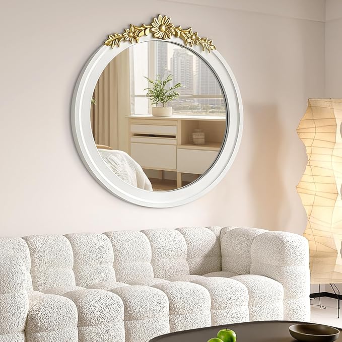White Round Wood Mirror 28 Inch, Large Rustic Boho Coastal Wall Decor with White Wood Frame and Gold Metal Carved Accents, Farmhouse Decorative Mirror for Entryway, Bedroom, Living Room, Bathroom