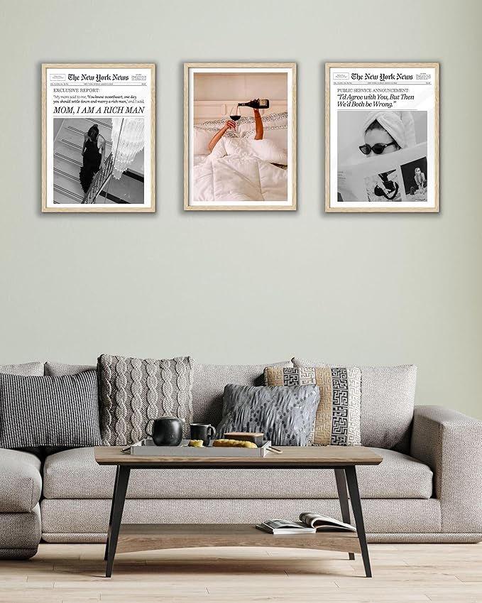 EcoHest Small Woman Drinking Wine in Bed Framed Wall Art, 8x10 in OAK Wood Feminist Alcohol Canvas Wall Art, Trendy Teen Girl Bar Cart Print College Room Decor, Set of 1 For Bedroom Living Room