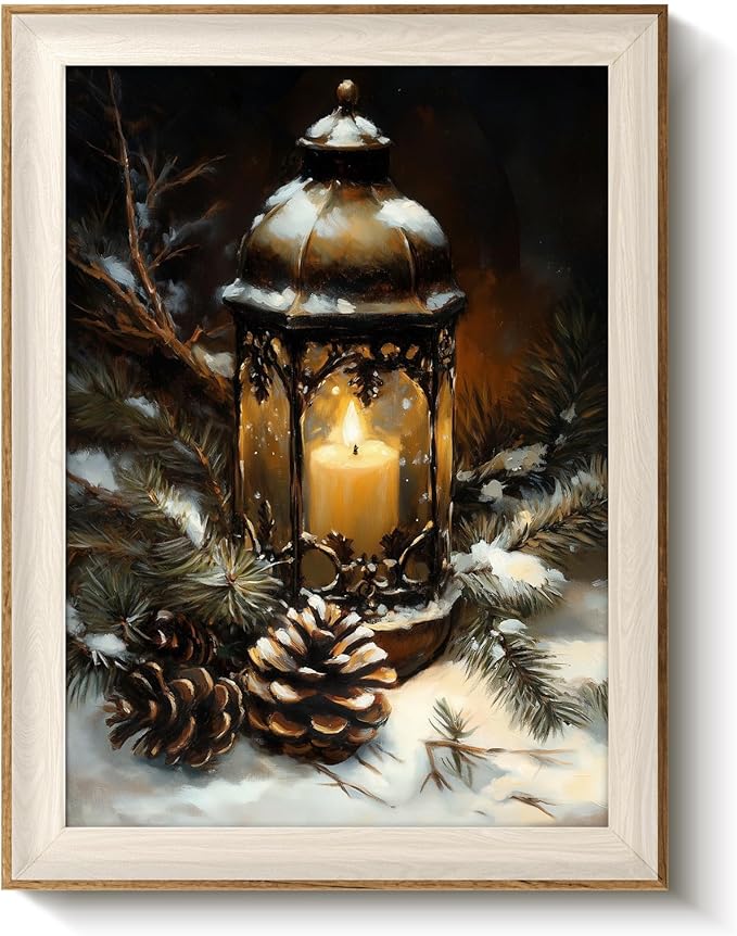 VIYYIEA Winter Framed Wall Art for Living Room, Oil Lamp Canvas Prints, Oil Painting Home Decor, Christmas Picture, Bathroom Wall Decor Gifts for Friends or Family - 16L x 12W