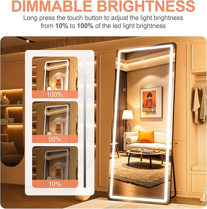 Full Length Mirror with Lights, 56" x 15.8" LED Lighted Floor Standing Body Mirror, Dimmable & 3 Color Lighting for Cloakroom, Dressing Room, Tempered Glass, Rounded Corner Black