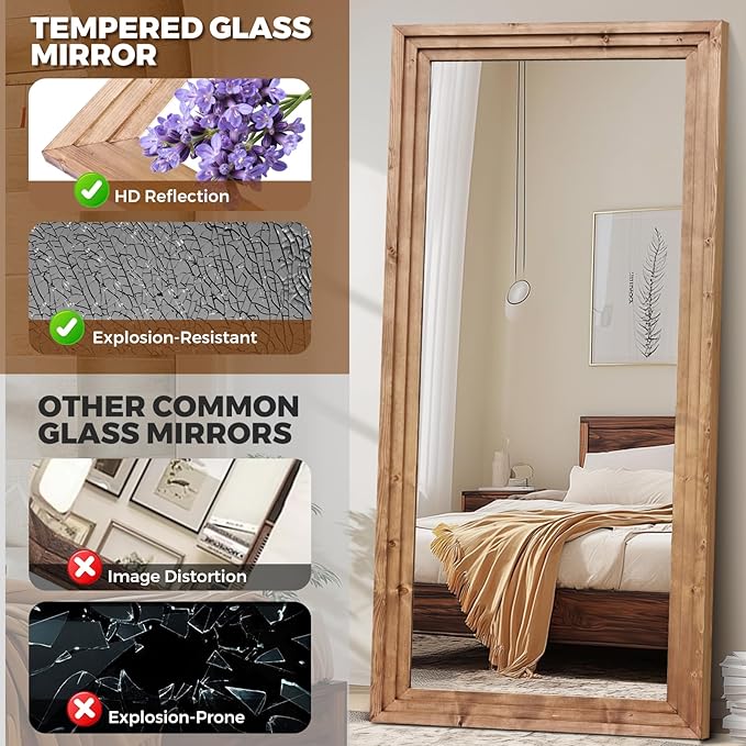 Full Length Wood Mirror 76x34 Rustic Solid Wood Floor Mirror with Triple Layer Frame, HD Tempered Glass, Wall Mounted or Leaning Standing Mirror Light Brown Mirror for Bedroom Bathroom Living Room