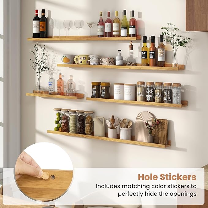 Fun Memories Picture Ledge Shelves Set of 4, 36 Inch Rustic Wall Mounted Floating Shelves with Lip for Home Storage and Décor in Bathroom, Kitchen, Nursery, Bedroom, Living Room, Oak