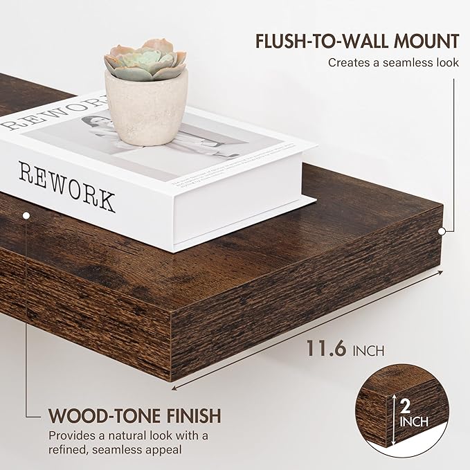 Acovy 55 Inch Floating Shelves, 12" Deep Floating Shelf Wall Mounted, 55" Wall Shelves, Rustic Deep Bookshelf, Extra Deeper & Thicker Display Shelves for Bedroom, Living Room, Brown, Set of 2