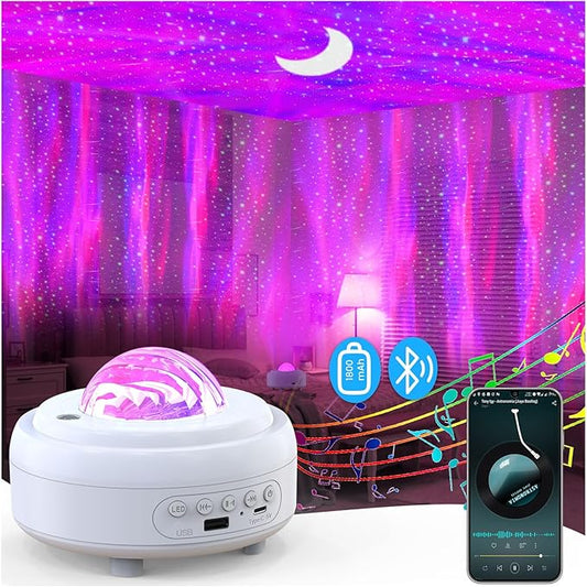 HUMIIEYE Star Projector with Bluetooth Speaker, 1800mAh Battery Operated Night Light Galaxy Projector, Northern Lights Aurora Projector with Moon, Mood Ambient Lighting for Bedroom Kids Girls Adults