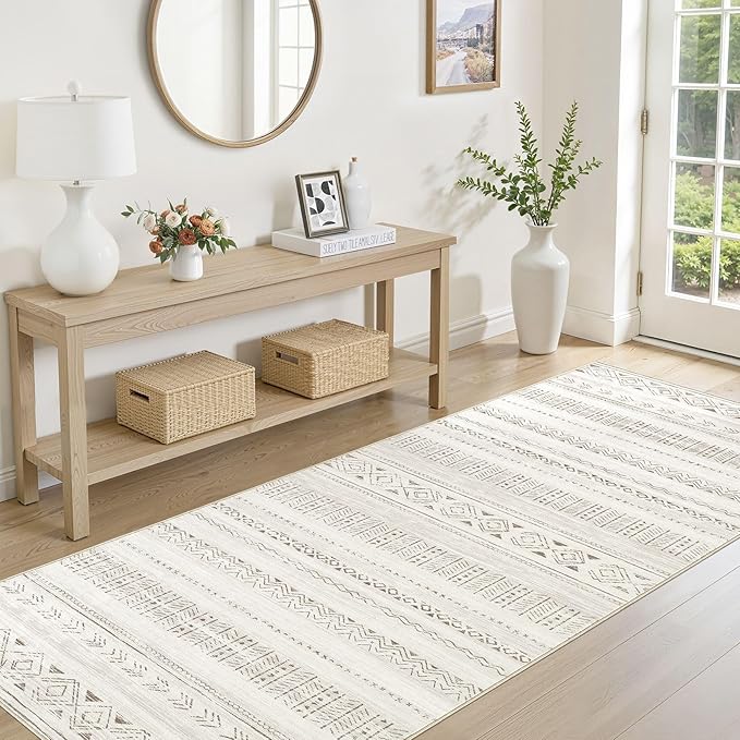 cotiled Washable 3x8 Runner Rugs: Washable Boho Rugs with Non Slip Backing Large Soft Indoor Stain Resistant Carpet for Living Room Bedroom Farmhouse Dining Room Lightweight Home Decor L Brown/Cream