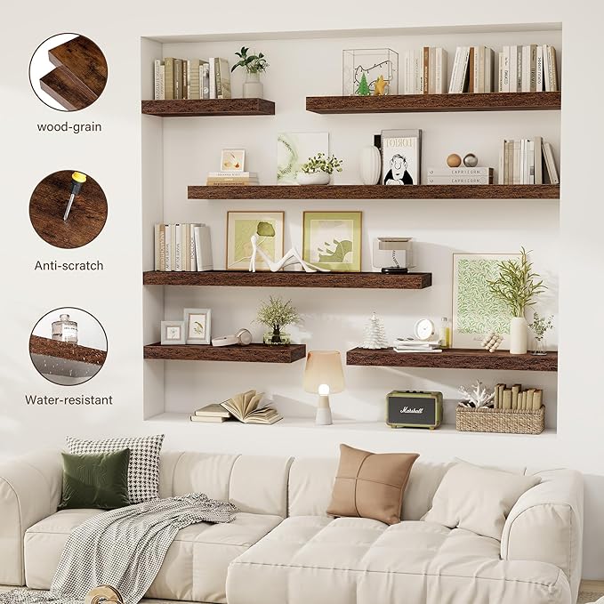 Acovy 55 Inch Floating Shelves, 12" Deep Floating Shelf Wall Mounted, 55" Wall Shelves, Rustic Deep Bookshelf, Extra Deeper & Thicker Display Shelves for Bedroom, Living Room, Brown, Set of 2