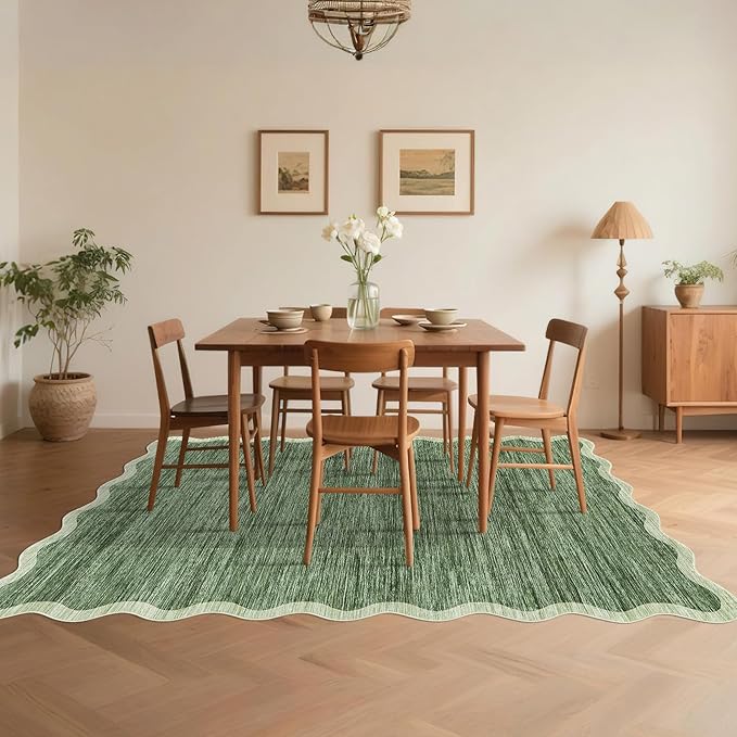 GarveeHome Scalloped Washable Area Rug 6x9 Rug for Living Room Modern Rug Non Slip Throw Rugs Large Rugs for Bedroom Low Pile Non Shedding Stain Resistant Carpet for Dining Room 6'x9' Green