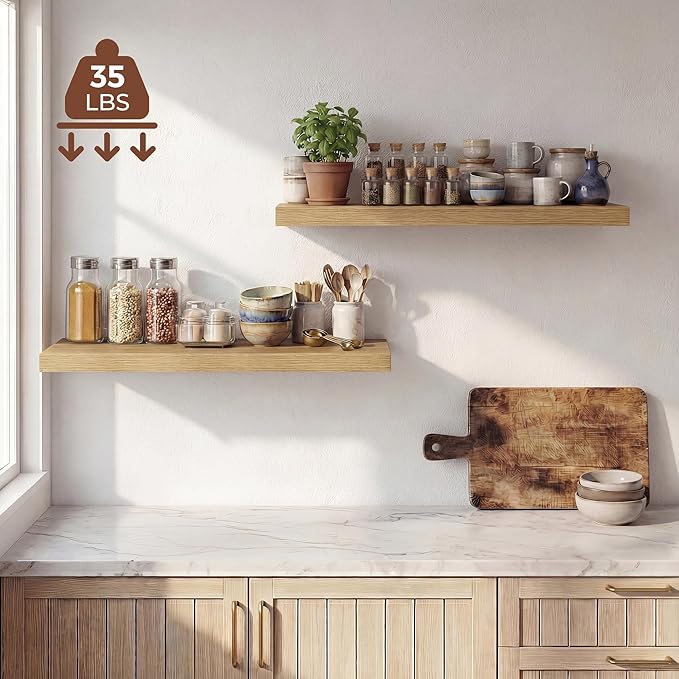 Dreamland 32 Inches Floating Shelves for Wall, 9.3" Deep Long Floating Shelves Set of 2, Large Display & Storage Shelf, Wall Shelf for Bathroom Bedroom Living Room Kitchen Office, Oak