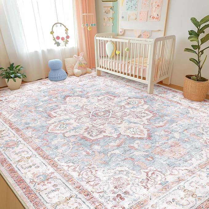 CAPALOCA Machine Washable Rugs Nursery Rug 8x10 Cute Girl Non Slip Low Pile Water Repellent Soft Print Pattern for Bedroom Indoor Decor Kids Playroom Pink Blue