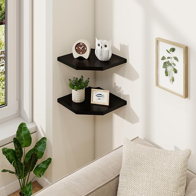 Fun Memories Corner Shelf Wall Mount, Solid Oak Wood Floating Corner Shelves with Cable Hole, 10in Rustic Design for Bedroom, Bathroom, Kitchen, Living Room (Black, 1 Pack)