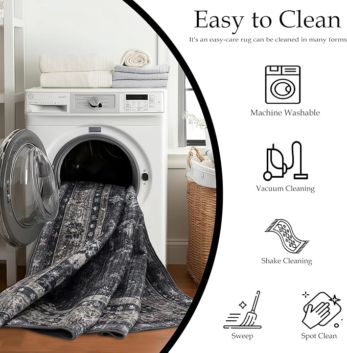 Ruaruarug Area Rug for Bedroom Living Room, Washable Non-Slip Foldable Waterproof, Soft for Office Dining Room Kids, Fluffy Easy to Clean, Decor Aesthetic Black Gray, 8'×10'