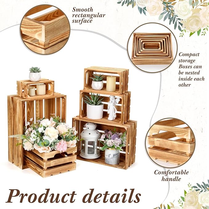 CroBlissful 6 Pcs Decorative Wood Crates for Storage Display Rustic Nesting Crates with Handle Farmhouse Wooden Storage Container Boxes for Wedding Baby Shower Birthday Party(Classic Color)