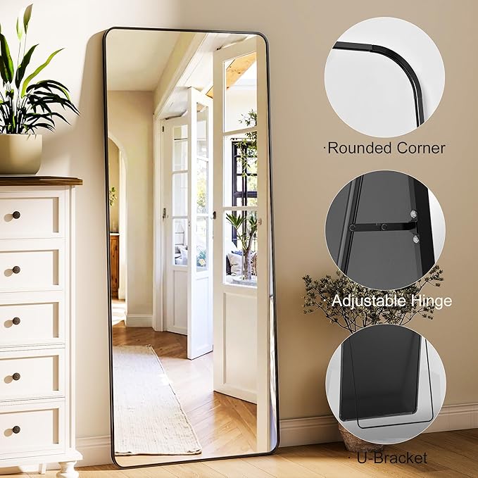 Black Full Length Mirror 16 x 59 Inch Nano Floor Mirrors with Stand, Rounded Corner Full Body Mirrors with Aluminum Alloy Frame for Bedroom Living Room Checkroom