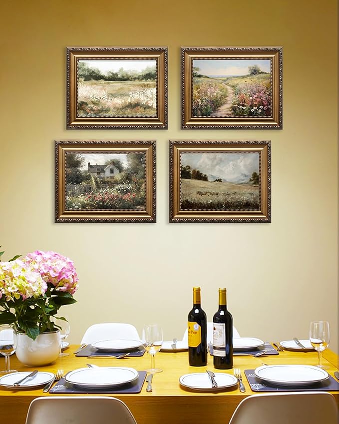 KBKBART Gold Framed Vintage Countryside Canvas Oil Painting Farmhouse Decor, Rustic Antique Landscape Bathroom Wall Decor for Bedroom Living Room, Gifts for Friends or Family (9"x12")