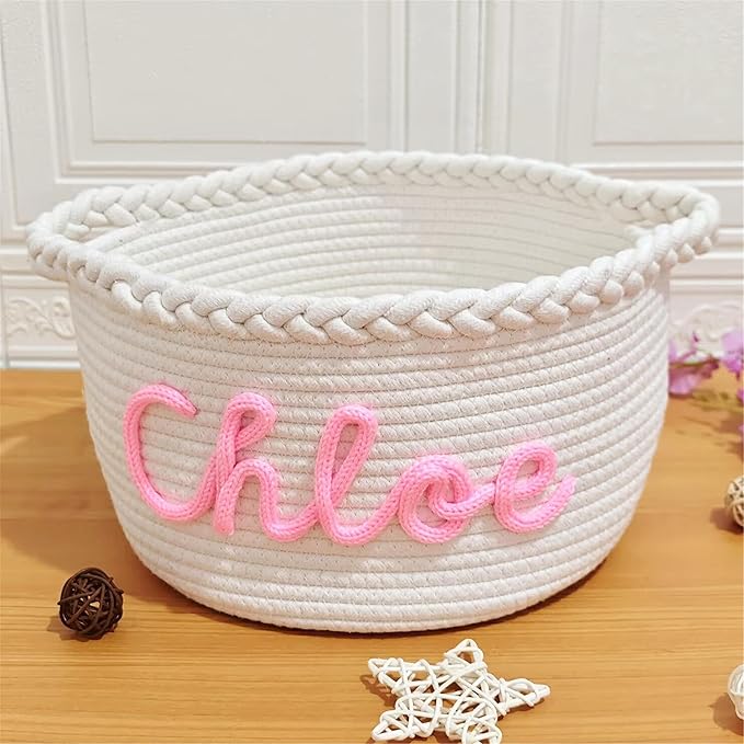 JUPPE Custom Baby Shower Basket, Personzlized Basket with Baby Name, Baby Boy Girl Storage Organizer Cotton Rope Nursery Decor Newborn Gift (style 1) (Style 7)