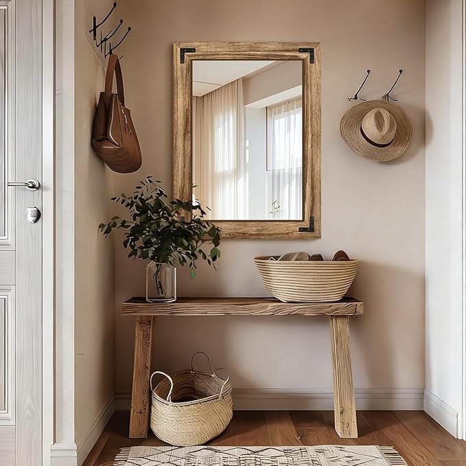 Wooden Bathroom Mirror for Wall, 32"x24" Solid Wood Frame Vanity Mirror, for Farmhouse, Bedroom, Living Room, Entryway Decor, Hangs Vertically or Horizontally