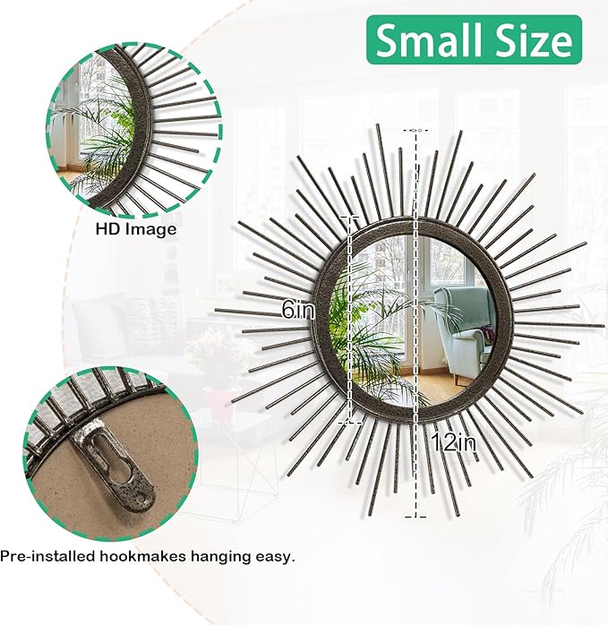 Sunburst Spoked Mirrors for Wall Boho Home Round Wall Art Mirror Classic Metal Modern Hanging Mirror Living Room Hallway Bathroom Bedroom Office Vanity Entryway