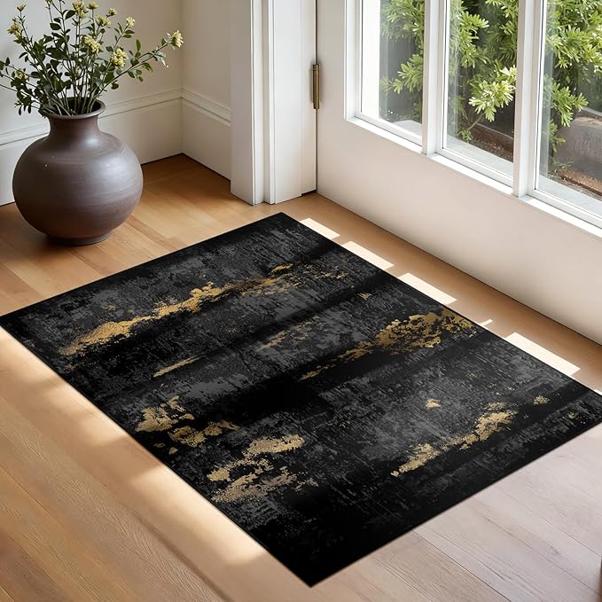 RELEANY Washable Area Rugs 2'x3' Non-Slip Modern Abstract Soft for Living Room Entryway Bedroom Nursery, Print Pattern, Dark Black Gold