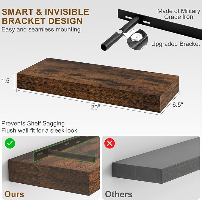 Fun Memories Floating Shelves for Wall, 20Inch Floating Shelves Set of 2, Hanging Shelf with Invisible Brackets, Wood Shelves for Living Room, Bedroom, Kitchen, Brown