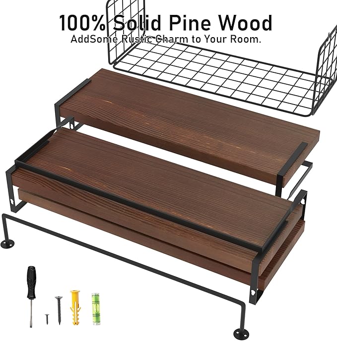 Wood Floating Shelves Wall Mounted - 3+1 Tier Rustic Bathroom Shelves Over Toilet with Wire Storage Basket &Towel Bar, Set of 3 Farmhouse Floating Shelf for Bathroom,Kitchen,Bedroom,Dark Brown.