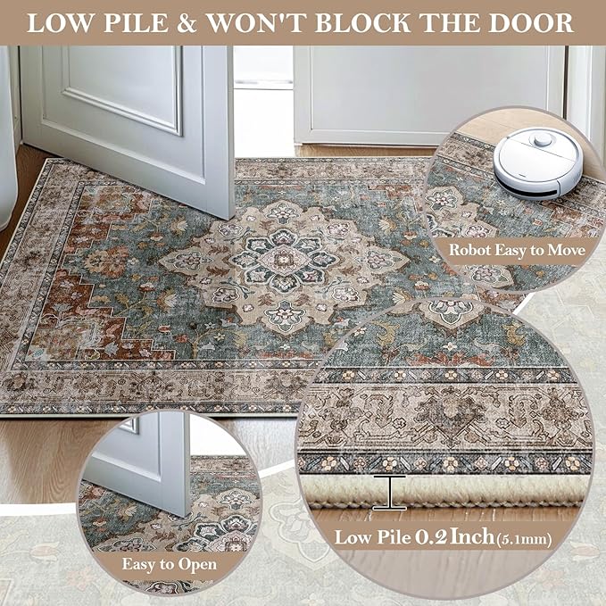 CAPALOCA Machine Washable Rugs Nursery Rug 5x7 Cute Girl Non Slip Low Pile Water Repellent Soft Print Pattern for Bedroom Indoor Decor Kids Playroom Browngreen
