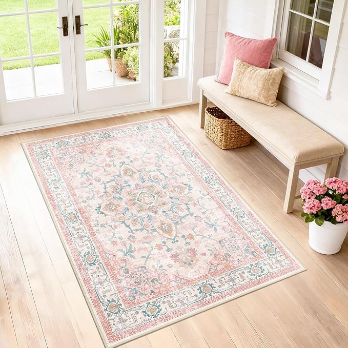 CAPALOCA Machine Washable Rugs Nursery Rug 3x5 Cute Girl Non Slip Low Pile Water Repellent Soft Print Pattern for Bedroom Indoor Decor Kids Playroom Pink Teal
