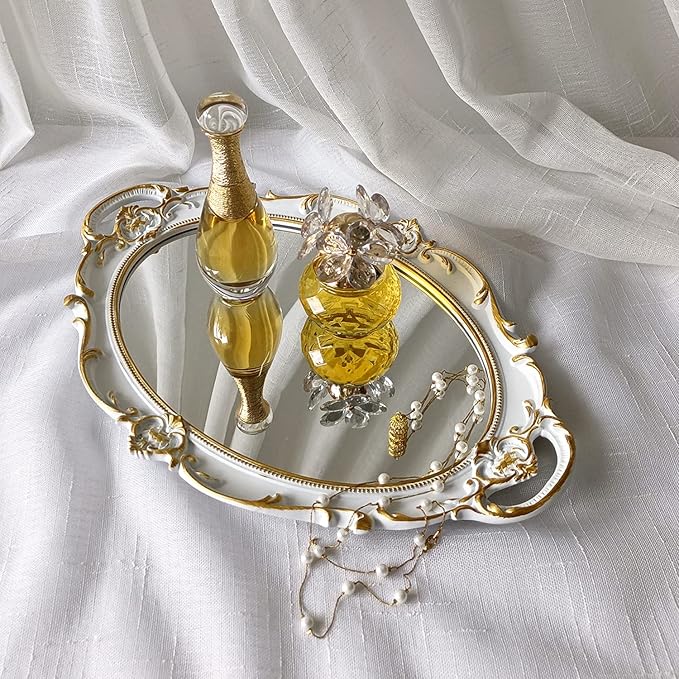 Oval Decorative Mirror Tray, French Style, Makeup Organizer, Jewelry Organizer, Serving Tray, 9.8"x 14.6", Golden White