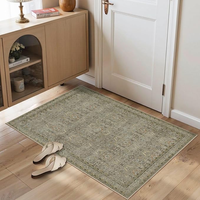 Rugxara Entryway Rug Door Mat, Washable Samll 2x3 Rug, Boho Front Door Mat, Non Slip Area Rugs, Low Pile Throw Accent Entry Carpet for Indoor Entrance, Bathroom and Kitchen(Olive/Brown 2x3ft)