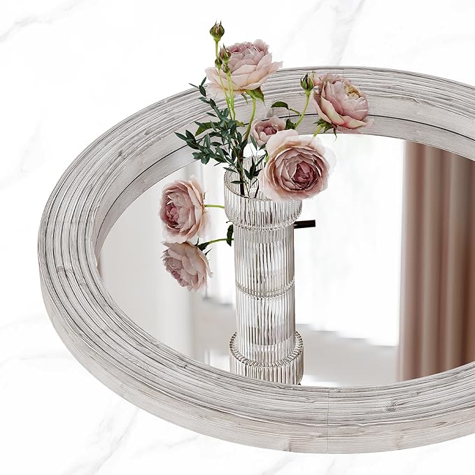 ULIKE Round Rustic Mirror for Bathroom, Farmhouse Mirror with Wood Frame, 24x24 Inch White Vanity Mirrors for Wall Decor of Bedroom or Living Room