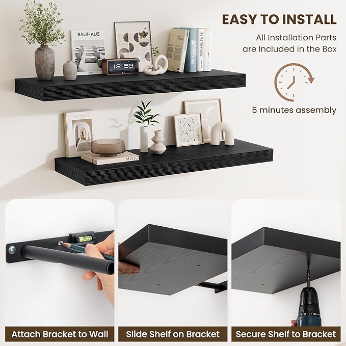 Fun Memories 48 Inch Floating Shelves for Wall - 12 Inch Deep Fireplace Mantel Shelf - Wood Floating Shelf for Wall - Large Storage Shelves Wall Mount for Living Room & Bedroom - Black - Set of 2
