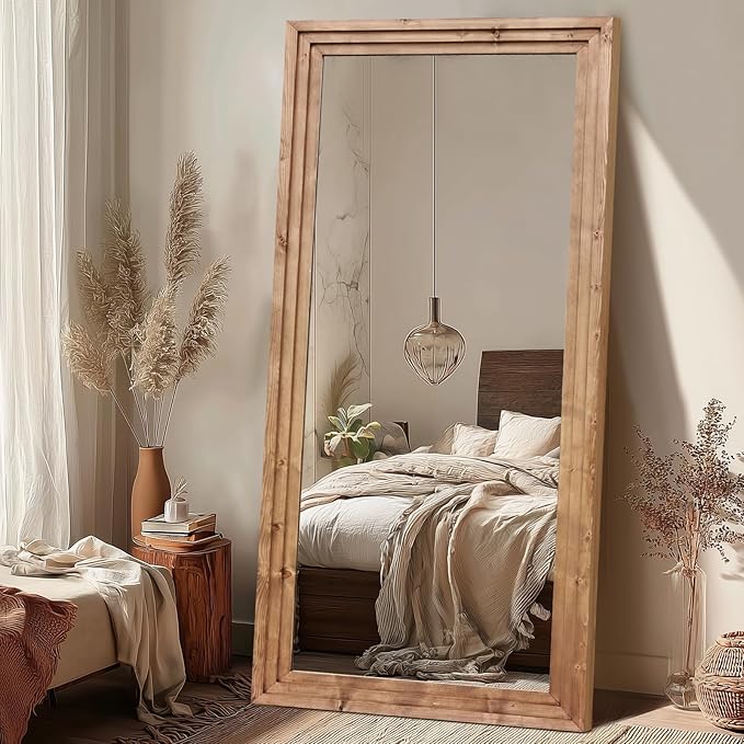 Full Length Wood Mirror 76x34 Rustic Solid Wood Floor Mirror with Triple Layer Frame, HD Tempered Glass, Wall Mounted or Leaning Standing Mirror Light Brown Mirror for Bedroom Bathroom Living Room