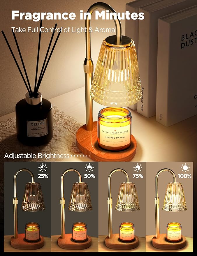 TATAANTY Candle Warmer Lamp with Timer, Wood Base Home Decor Candle Warmers, 4 Lights and 3 Timers. Table Lamp Birthday Gift for Women, Suitable for Room, Bedroom, Offices, and Living Rooms