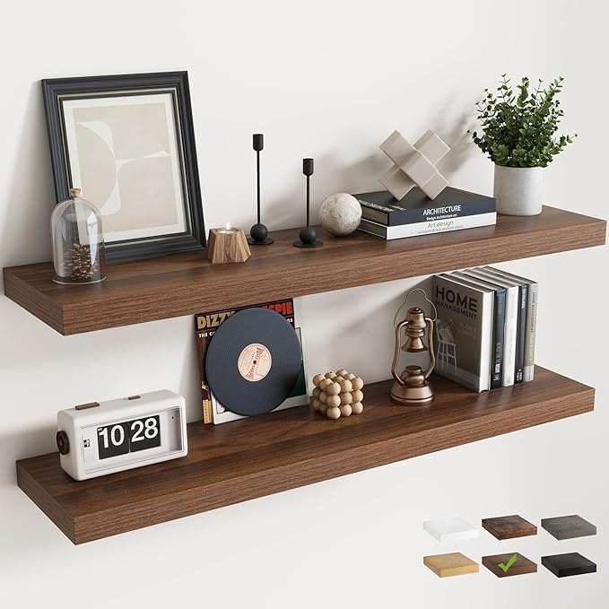 48 Inch Floating Shelves for Wall with Invisible Brackets Set of 2, 9"D Engineered Wood Wall Shelves with Wood Grain for Living Room, Bedroom, Bathroom, Kitchen Decor and Storage, Walnut Finish
