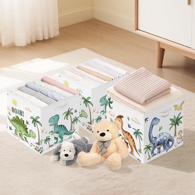 Clastyle 3 Pack 11.8'' Fabric Dinosaur Storage Basket for Shelves Collapsible Closet Organizers with Metal Frame Bottom Board Large Kid Clothes Toy Book Cube Bin for Playroom Bedroom,Boho