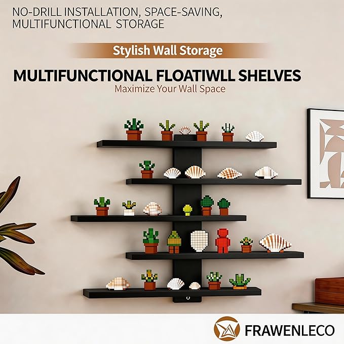 No Drill Floating Shelf for Wall, 5-Tier Wall Mounted Organizer, Damage-Free Display Shelf for Collectibles, Figures, Bathroom Kitchen Storage, Black