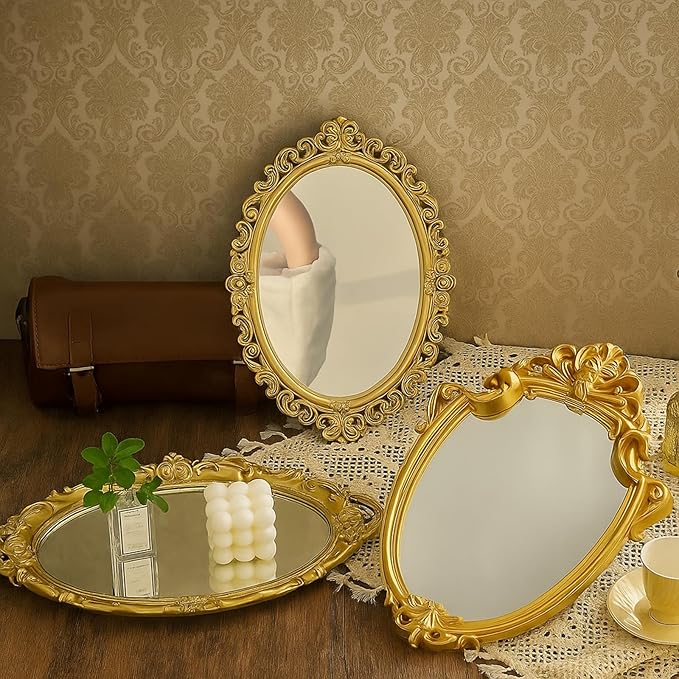 Beeveer 3 Style Vintage Mirrors Set Decorative Oval Wall Mirror Small Antique Mirrored Tray Decorative Hanging Mirror for Bathroom Bedroom Jewelry Organizer Victorian Decor (Shield,Gold)