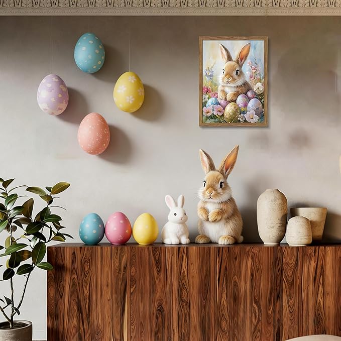 Framed Easter Bunny Wall Art, Cute Bunny with Eggs Poster Prints, Vintage Cottage Holiday Theme Canvas Artwork, Spring Atmosphere Wall Decor for Kids Room Girls Bedroom Living Room 12x16in