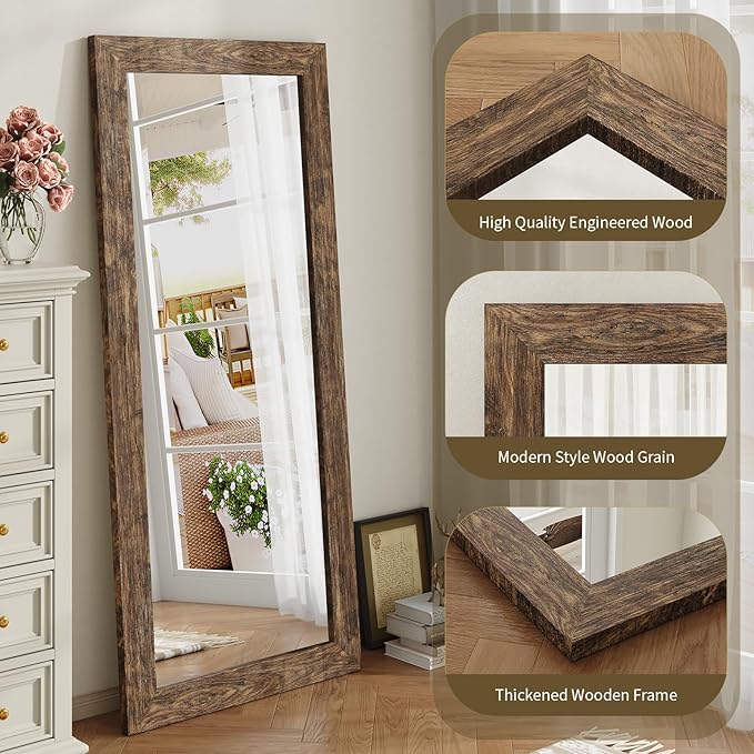 Syndra Modern Full Length Mirror Wood Frame, 65x24'' Large Floor Mirror with HD Tempered Glass & Wall Mount Option, Rectangular Standing Mirror for Bedroom, Living Room, Entryway, Farmhouse(Walnut)
