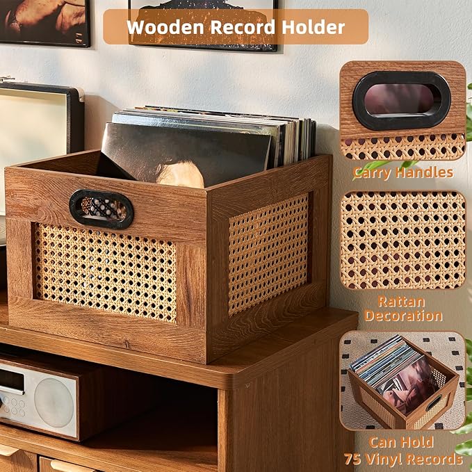 LELELINKY Vinyl Record Storage Crate, Rattan Vinyl Record Holder with Handle, Wood Record Crate for Vinyls Holder up to 75 LP's, Desktop Cube Album Storage for Vinyls Records(Tea Brown)