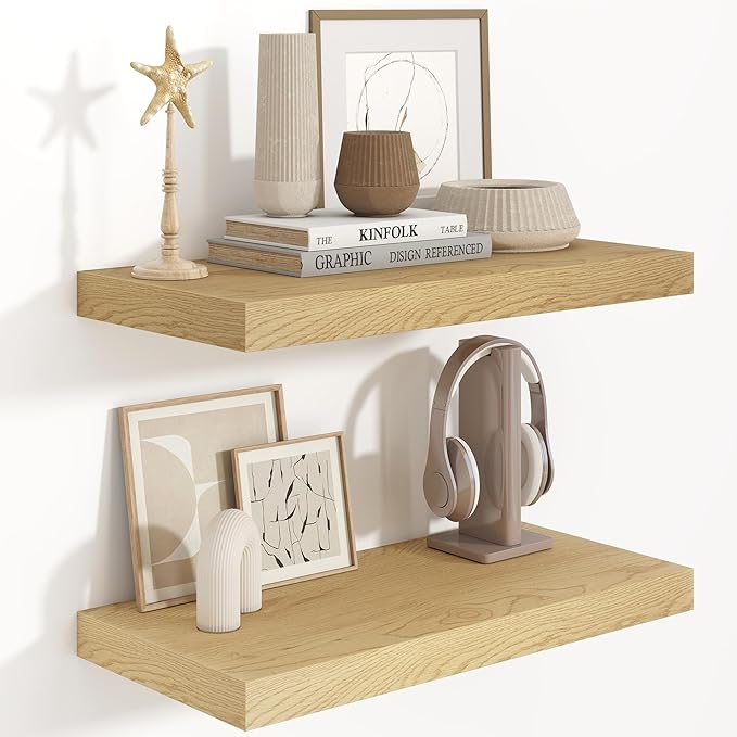 Fun Memories Floating Shelves 24 Inch Long, 9.3 Inch Deep Floating Shelf for Lving Room, Bedoom, Kitchen, Deep Wall Shelves for Bathroom, 2 Pack Storage Display Shelf for Books, Decors, Oak