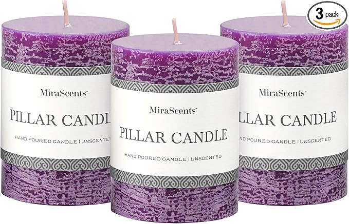 3x4 Inch Purple Pillar Candles Set of 3 - Hand-Poured Unscented Candles, Long Clean Burning, Smokeless Dripless Candle for Dinner Table, Wedding, Home, Bathroom, Advent Decor