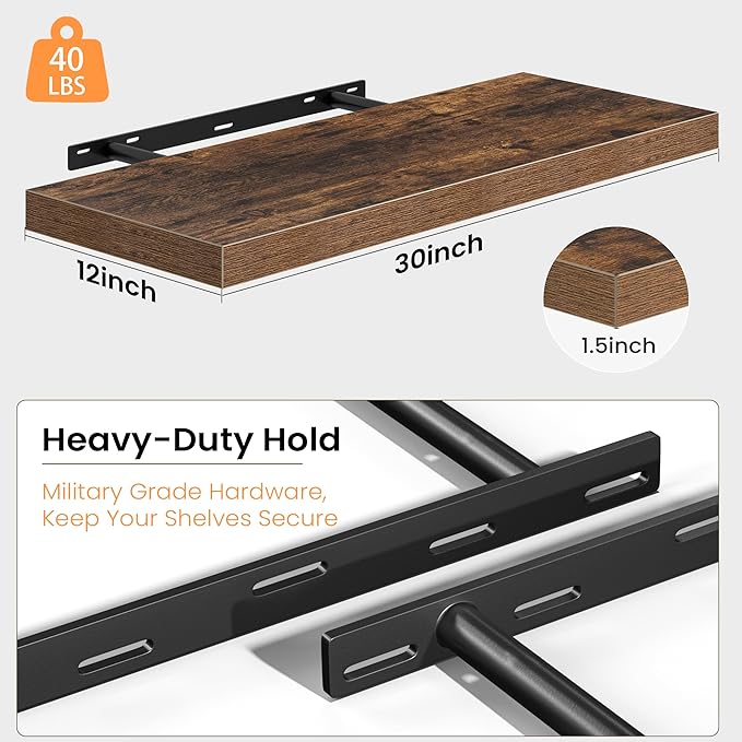 Fun Memories Floating Shelves - 2 Pack 30 Inch Long Rustic Wooden Wall Shelves - 12 Inch Deep Wall Mounted Storage Shelf with Invisible Heavy-Duty Brackets for Books, Bathroom, Kitchen, Brown