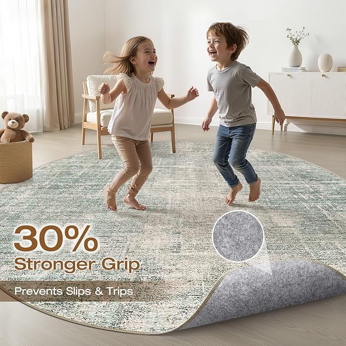 7ft Round Rug Living Room: 7x7 Washable Large Neutral Green Circle Area Rug Abstract Soft Modern Stain Resistant Indoor Floor Non-Slip Carpet for Bedroom Nursery Kids Office Playroom Dining Room